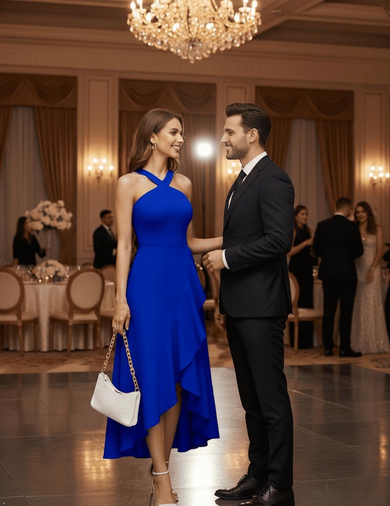 Bbonlinedress Women Cocktail Halter Prom Wedding Bridesmaid Guest Dress Ruffled Maxi Hi-Lo Homecoming Dress Royal Blue L - Image 4