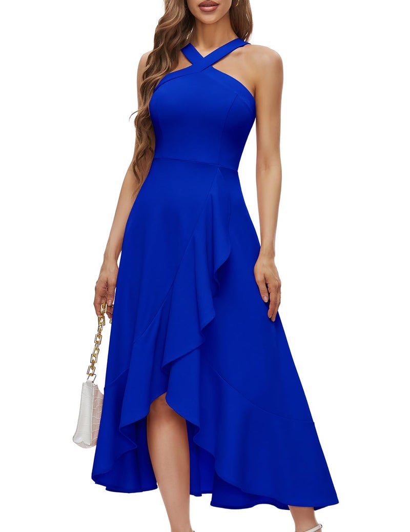 Bbonlinedress Women Cocktail Halter Prom Wedding Bridesmaid Guest Dress Ruffled Maxi Hi-Lo Homecoming Dress Royal Blue L - Image 1