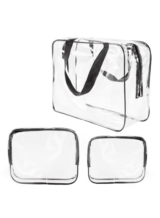 Roybens 3Pcs Crystal Clear PVC Travel Toiletry Bag Kit for Women Men, Waterproof Vinyl Organizer Makeup Bags with Zipper Handle Straps, Cosmetic Bag Pouch Carry on Airport Airline Compliant Bag Handbag - Image 1