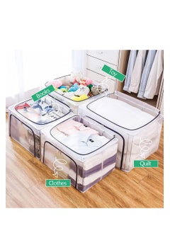 Generic 2Pcs Stackable Storage Box Transparent Nylon Mesh Steel Frame Shelf Quilt Clothing Blanket pillow Shoe Holder Container Organizer See-through Window double zipper Folding 66L (Transparent)  - Image 4