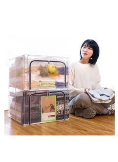Generic 2Pcs Stackable Storage Box Transparent Nylon Mesh Steel Frame Shelf Quilt Clothing Blanket pillow Shoe Holder Container Organizer See-through Window double zipper Folding 66L (Transparent)  - Image 1