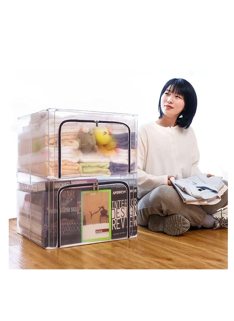 Generic 2Pcs Stackable Storage Box Transparent Nylon Mesh Steel Frame Shelf Quilt Clothing Blanket pillow Shoe Holder Container Organizer See-through Window double zipper Folding 66L (Transparent)  - Image 1
