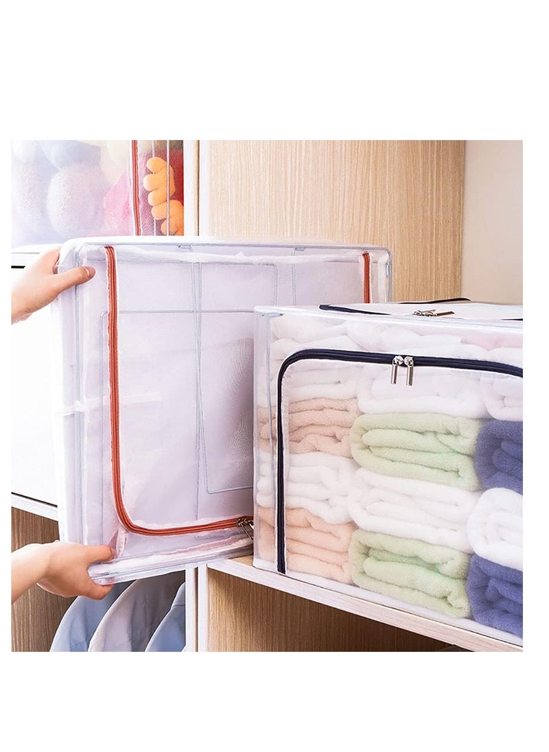Generic 2Pcs Stackable Storage Box Transparent Nylon Mesh Steel Frame Shelf Quilt Clothing Blanket pillow Shoe Holder Container Organizer See-through Window double zipper Folding 66L (Transparent)  - Image 5