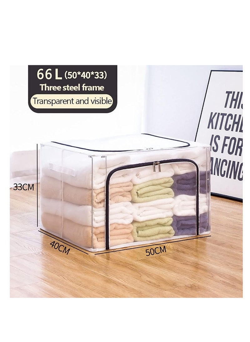 Generic 2Pcs Stackable Storage Box Transparent Nylon Mesh Steel Frame Shelf Quilt Clothing Blanket pillow Shoe Holder Container Organizer See-through Window double zipper Folding 66L (Transparent)  - Image 2