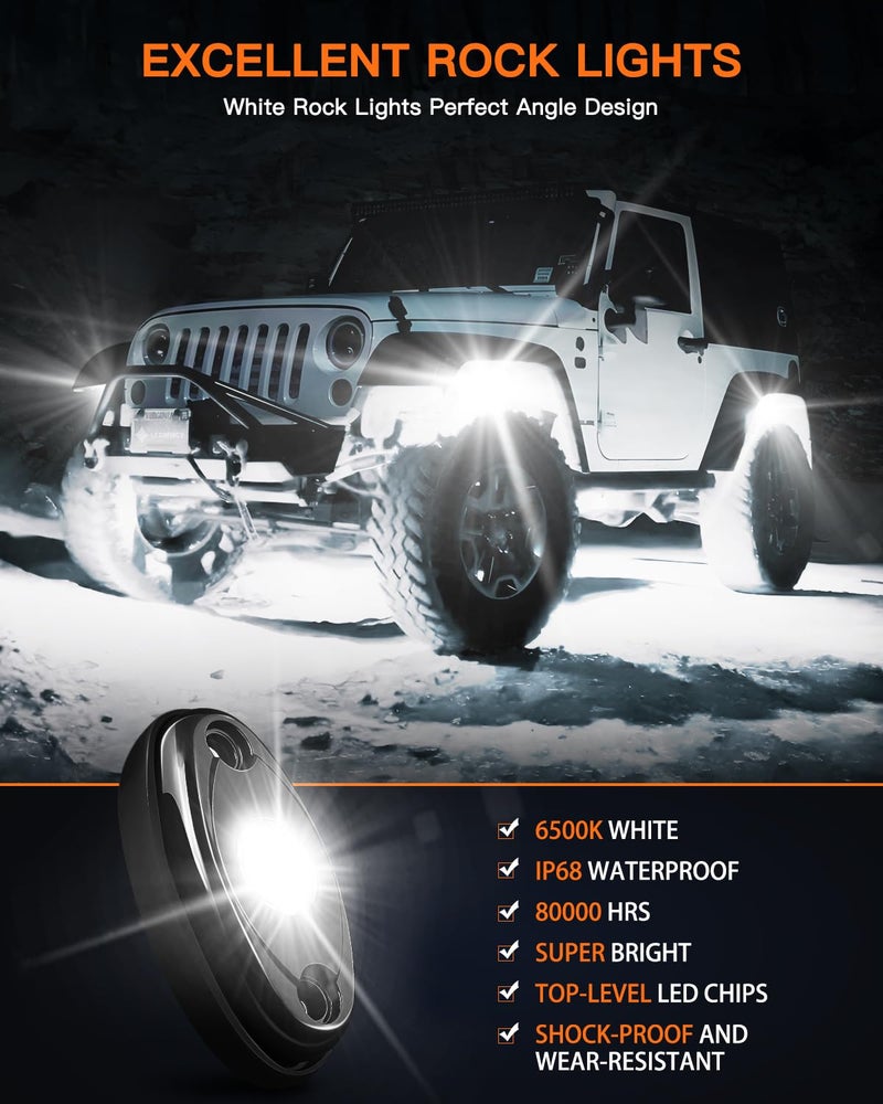 LEDMIRCY R1 Pure White LED Rock Lights Kit with Roker Switch Wire Harness 12PCS High Power Rock Lights White for Trucks Off Road ATV UTV SUV Underglow Trail Rig Lights Under Body Waterproof Light - Image 4