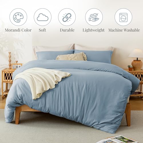 MILDLY Super Soft Duvet Cover - 100% Washed Microfiber Haze Blue Comforter Cover Set 3 Pieces with Zipper Closure & Corner Ties (No Comforter) - Image 2