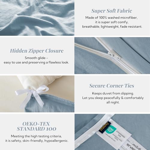 MILDLY Super Soft Duvet Cover - 100% Washed Microfiber Haze Blue Comforter Cover Set 3 Pieces with Zipper Closure & Corner Ties (No Comforter) - Image 5