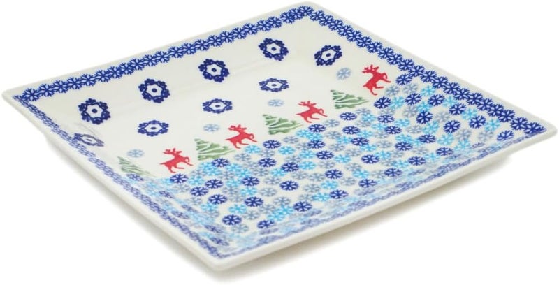 Polmedia Polish Pottery Authentic Polish Pottery Square Plate in Ring Around The Reindeer Design Handmade in Bolesawiec Poland  Certificate of Authenticity  - Image 2