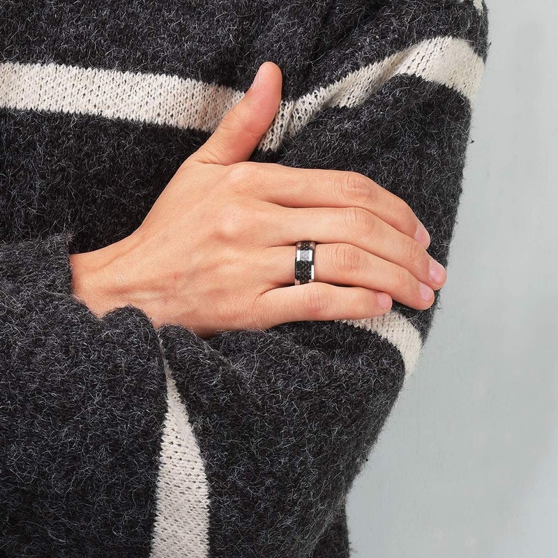 King Will 8mm Silver Tungsten Carbide Rings for Men Men's Wedding Band with Black Carbon Fiber Inlaid Beveled Edge High Polished Finish Gentleman Comfit Fit, Size 11 - Image 4