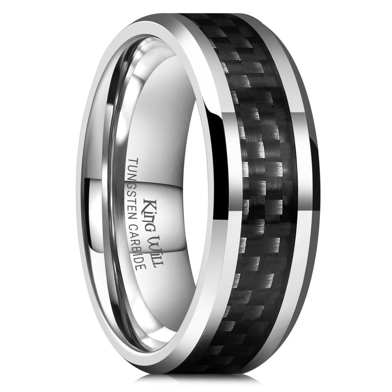 King Will 8mm Silver Tungsten Carbide Rings for Men Men's Wedding Band with Black Carbon Fiber Inlaid Beveled Edge High Polished Finish Gentleman Comfit Fit, Size 11 - Image 1