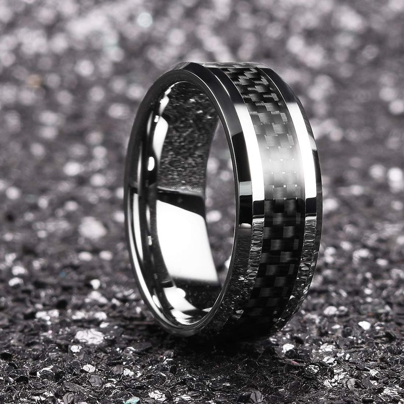 King Will 8mm Silver Tungsten Carbide Rings for Men Men's Wedding Band with Black Carbon Fiber Inlaid Beveled Edge High Polished Finish Gentleman Comfit Fit, Size 11 - Image 3