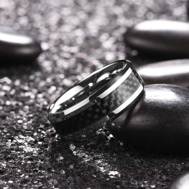 King Will 8mm Silver Tungsten Carbide Rings for Men Men's Wedding Band with Black Carbon Fiber Inlaid Beveled Edge High Polished Finish Gentleman Comfit Fit, Size 11 - Image 2