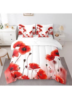 Erosebridal Erosebridal Poppy Comforter Set King Size 7 Piece, Red Flower Bedding Set with Sheets for Girls Women, Blossom Floral Bed in A Bag with Pillow Cases and Covers, Reversible Bed Set  - Image 4