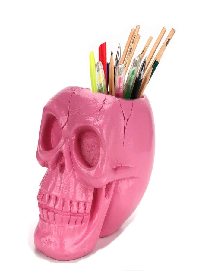 Mikayoo Skull Pen Holder Skull Makeup Brush Holder Pen Holder Dressing Table Office Desk Storage Box Green Plant Flower Pot Halloween Skull (Pink) - Image 1