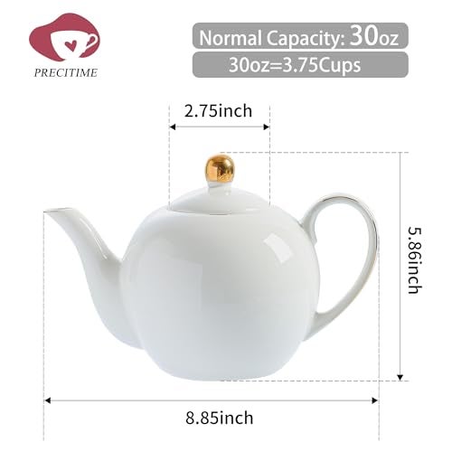 PRECITIME 30oz White Porcelain Teapot, Classic design tea pot with Gold Trim, Beautiful white teapots for loose leaf tea and tea bags, Tea Party friendly - Image 2