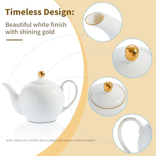 PRECITIME 30oz White Porcelain Teapot, Classic design tea pot with Gold Trim, Beautiful white teapots for loose leaf tea and tea bags, Tea Party friendly - Image 3