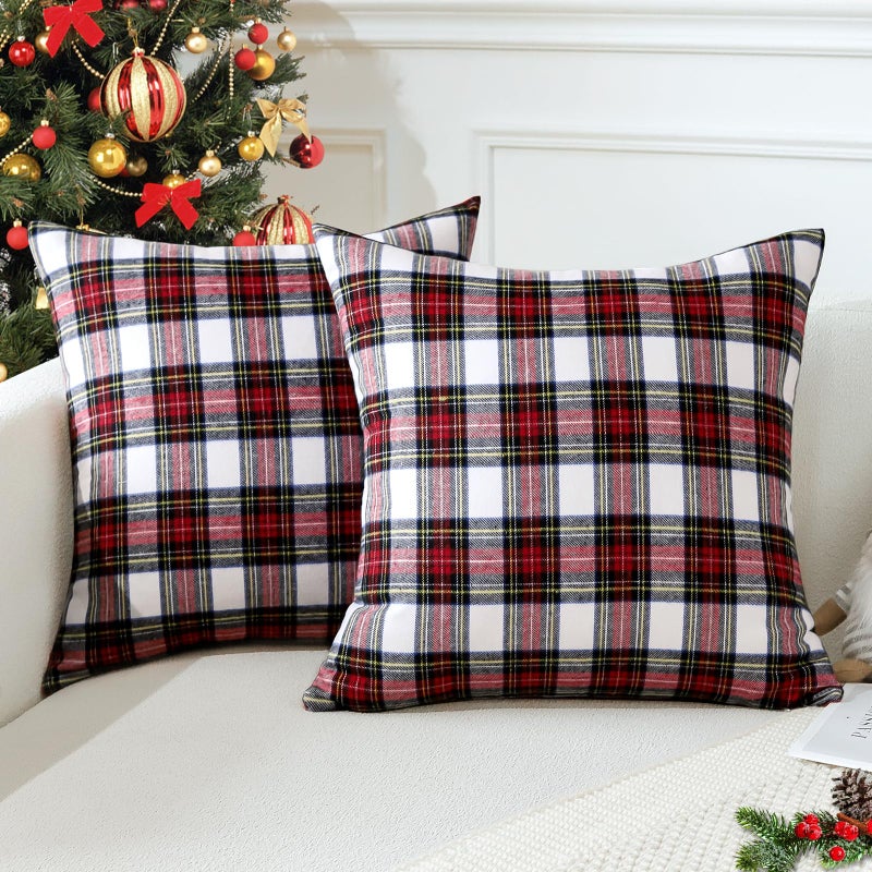 OTOSTAR Christmas Scottish Tartan Plaid Throw Pillow Covers Farmhouse Classic Decorative Square Cushion Cases Soft Pillowcases for Decor Sofa Couch 20x20 Inch Set of 2 Red White