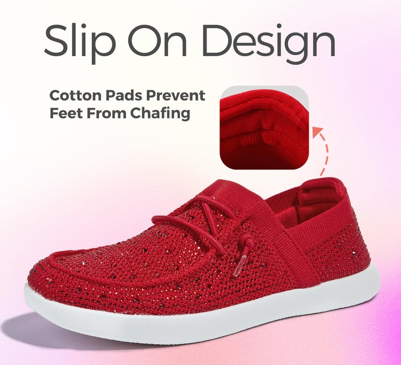 BELOS Women's Rhinestone Lace Up Loafers Shoes Comfortable Slip On Mesh Knit Walking Shoes Fashion Lightweight Sparkly Glitter Sneaker(Red,9) - Image 4