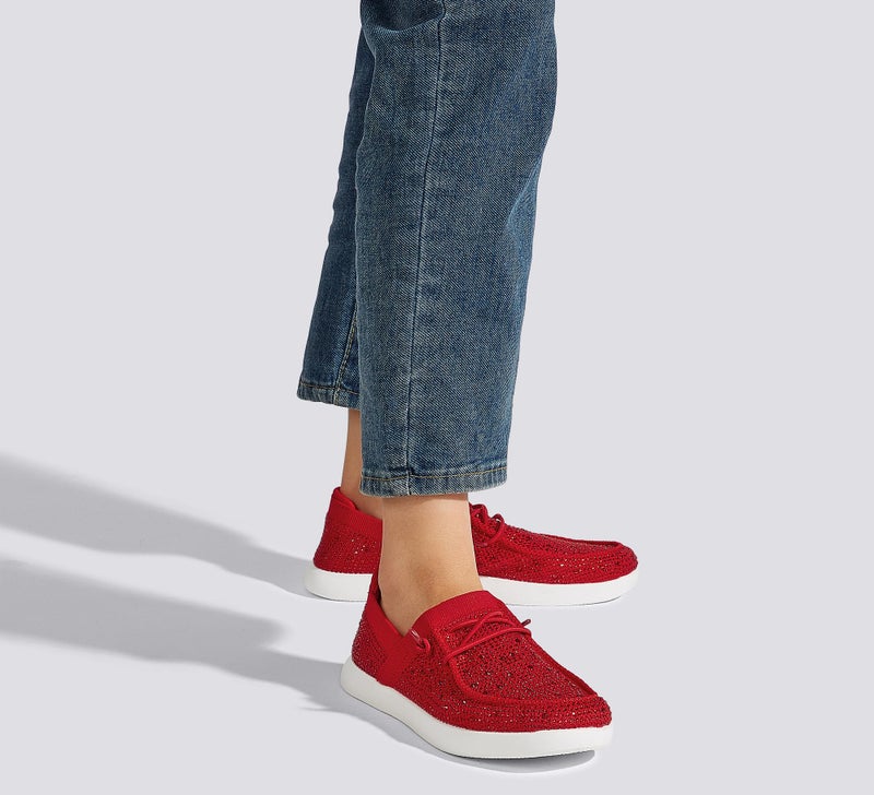 BELOS Women's Rhinestone Lace Up Loafers Shoes Comfortable Slip On Mesh Knit Walking Shoes Fashion Lightweight Sparkly Glitter Sneaker(Red,9) - Image 2
