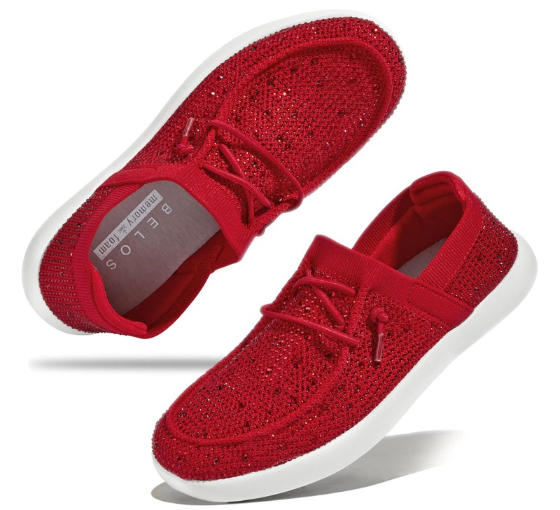 BELOS Women's Rhinestone Lace Up Loafers Shoes Comfortable Slip On Mesh Knit Walking Shoes Fashion Lightweight Sparkly Glitter Sneaker(Red,9) - Image 1