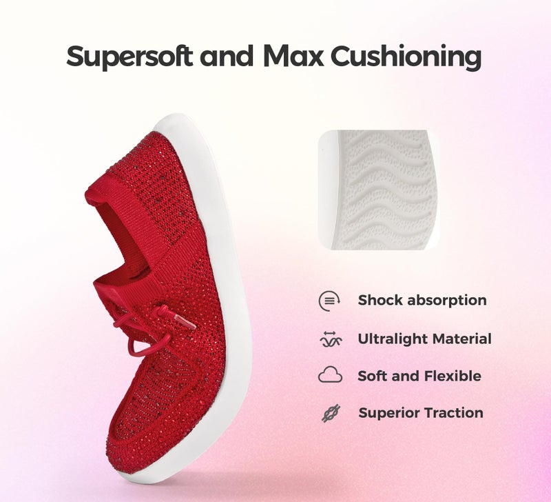 BELOS Women's Rhinestone Lace Up Loafers Shoes Comfortable Slip On Mesh Knit Walking Shoes Fashion Lightweight Sparkly Glitter Sneaker(Red,9) - Image 5