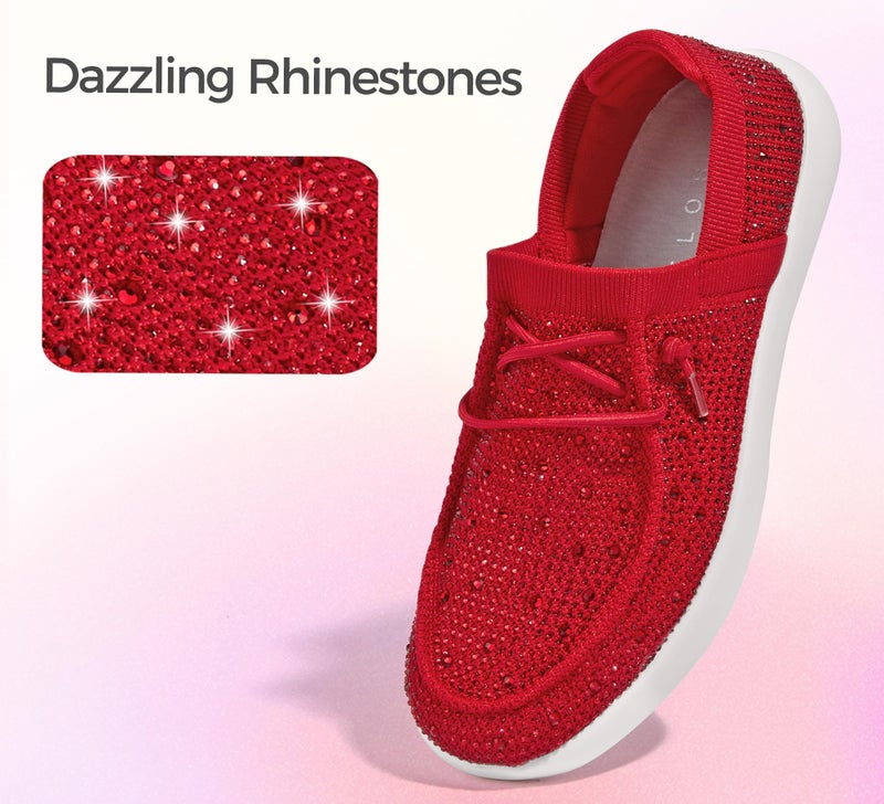 BELOS Women's Rhinestone Lace Up Loafers Shoes Comfortable Slip On Mesh Knit Walking Shoes Fashion Lightweight Sparkly Glitter Sneaker(Red,9) - Image 3