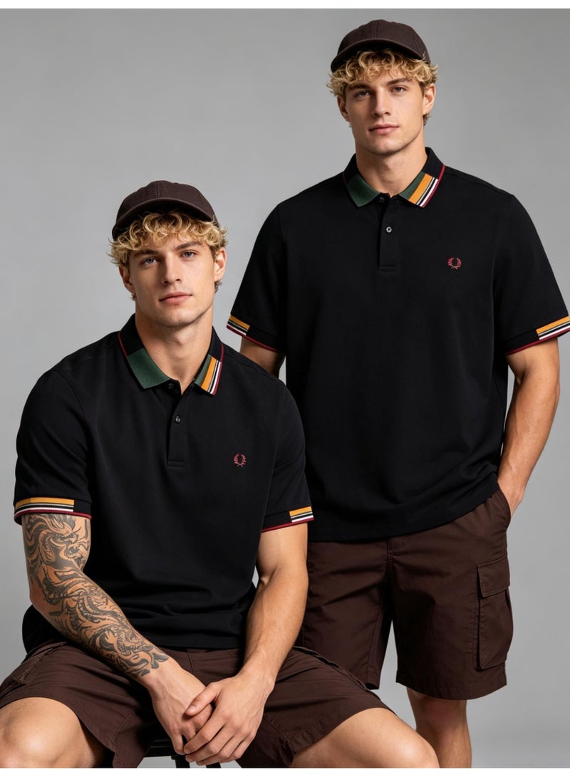 Fred Perry's unisex color block decorated Polo shirt, laurel wreath embroidered logo, breathable bead knitted short-sleeved casual shirt. - Image 4