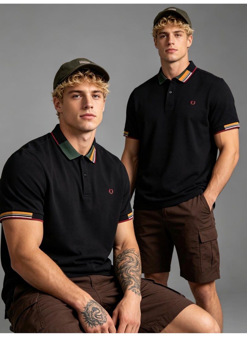 Fred Perry's unisex color block decorated Polo shirt, laurel wreath embroidered logo, breathable bead knitted short-sleeved casual shirt. - Image 5