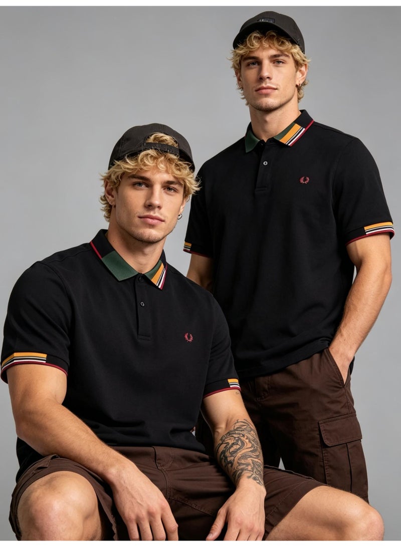 Fred Perry's unisex color block decorated Polo shirt, laurel wreath embroidered logo, breathable bead knitted short-sleeved casual shirt. - Image 1
