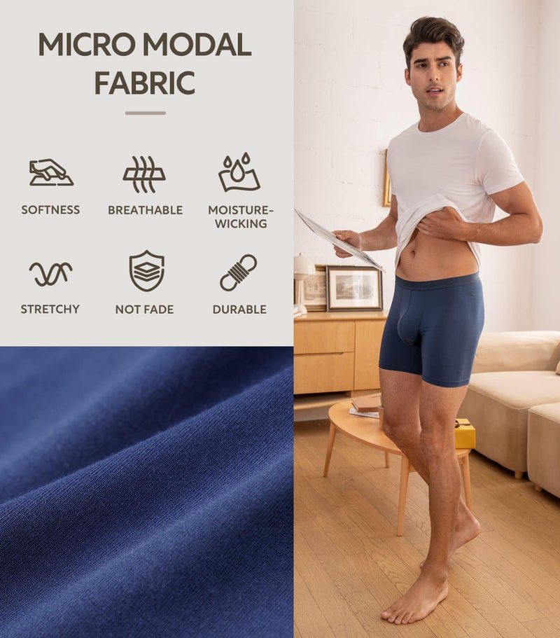 DAVID ARCHY Men's Underwear Micro Modal Dual Pouch Trunks Support Ball Pouch Bulge Enhancing Boxer Briefs for Men 3 or 4 Pack(L,Black/Dark Gray/Navy Blue) - Image 5