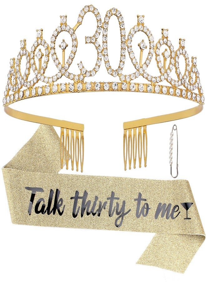Semato Happy 30th Birthday Sash & Tiara Kit - Gold Rhinestone Tiara & Sash for Women's 30th Birthday Party Decorations - Image 1