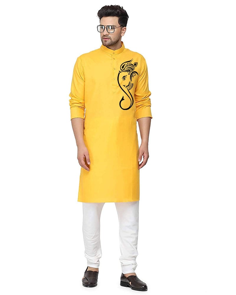 ashtang Cotton Blend Digital Print Kurta Pyjama Set || Ganesha Print (in, Alpha, L, Regular, Yellow) - Image 1