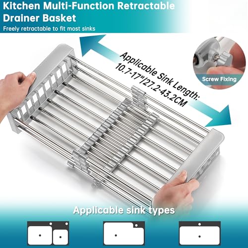 TUTEW Dish Drying Rack, Over The Sink Dish Drying Rack, Stainless Steel Dish Drainer with Adjustable Arms Holder Functional Kitchen Sink Organizer for Vegetable and Fruit - Image 2