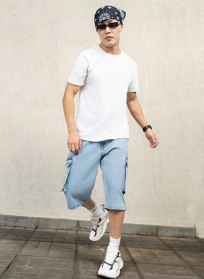 Hubberholme Mid Rise Relaxed Fit Cargo Denim Shorts by Styli