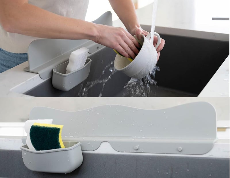 MAXMED Silicone Sink Splash Guard with Sponge Holder -19.5" x 4.5" x 2.5" Sink Silicone Splash Guard with Strong Suction - Sink Edge Protectors for Kitchen Sink - Farmhouse Kitchen Sink Splash Guard - Gray - Image 1