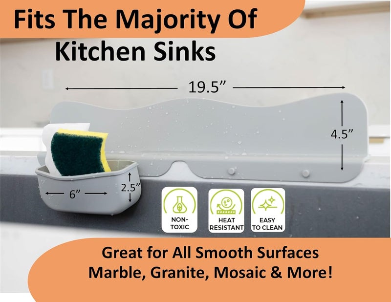 MAXMED Silicone Sink Splash Guard with Sponge Holder -19.5" x 4.5" x 2.5" Sink Silicone Splash Guard with Strong Suction - Sink Edge Protectors for Kitchen Sink - Farmhouse Kitchen Sink Splash Guard - Gray - Image 4