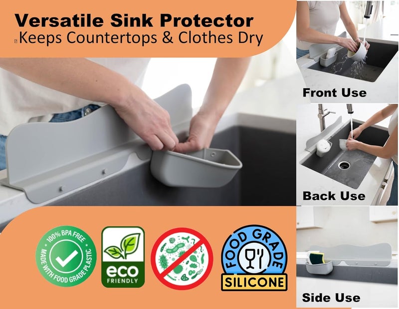 MAXMED Silicone Sink Splash Guard with Sponge Holder -19.5" x 4.5" x 2.5" Sink Silicone Splash Guard with Strong Suction - Sink Edge Protectors for Kitchen Sink - Farmhouse Kitchen Sink Splash Guard - Gray - Image 2