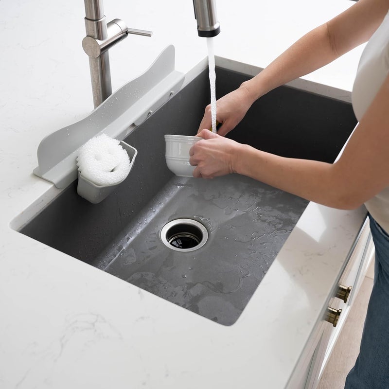 MAXMED Silicone Sink Splash Guard with Sponge Holder -19.5" x 4.5" x 2.5" Sink Silicone Splash Guard with Strong Suction - Sink Edge Protectors for Kitchen Sink - Farmhouse Kitchen Sink Splash Guard - Gray - Image 5