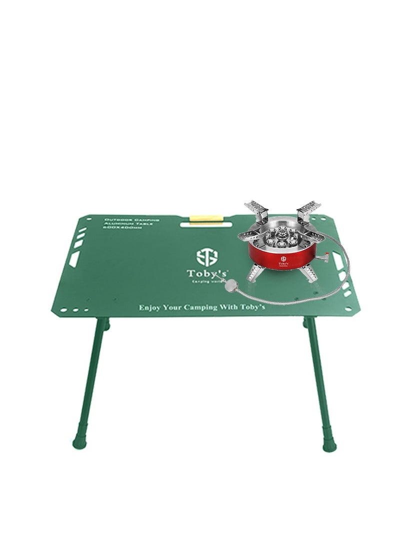 Toby's Tobyâ€™S Portable Alloy Camping Stove With 23800W High Output, Windproof Design & Piezo Ignition + Tobyâ€™S Lightweight Folding Aluminum Camping Table In Green With Adjustable Height - Image 1