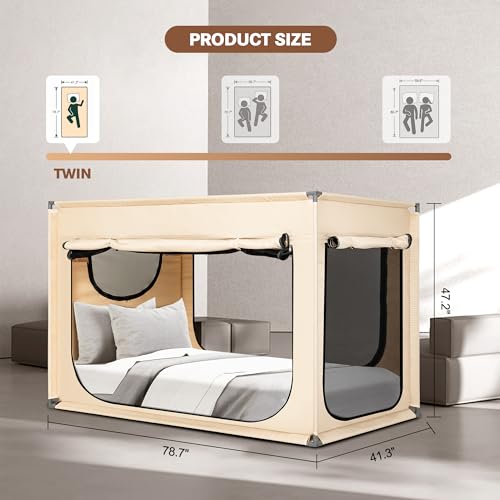 ANC POP Twin Bed Canopy Portable Blackout Bed Tent Privacy Tent for Adult Indoor Sleeping with 3 Doors, Storage Bag, Khaki - Image 2