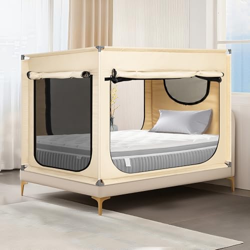 ANC POP Twin Bed Canopy Portable Blackout Bed Tent Privacy Tent for Adult Indoor Sleeping with 3 Doors, Storage Bag, Khaki - Image 1