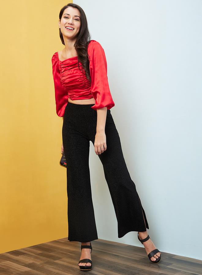 globus Solid Balloon Sleeves Pleated Detail Crop Top - Image 5