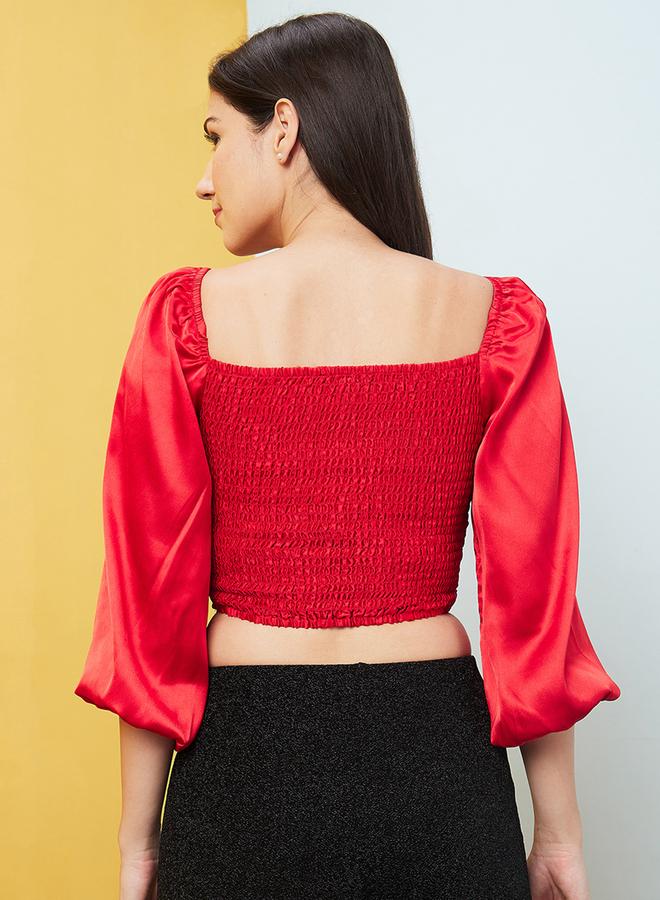 globus Solid Balloon Sleeves Pleated Detail Crop Top - Image 3