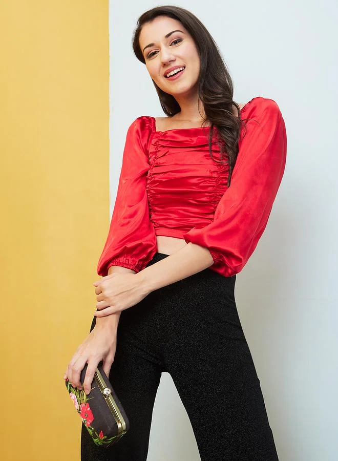 Solid Balloon Sleeves Pleated Detail Crop Top