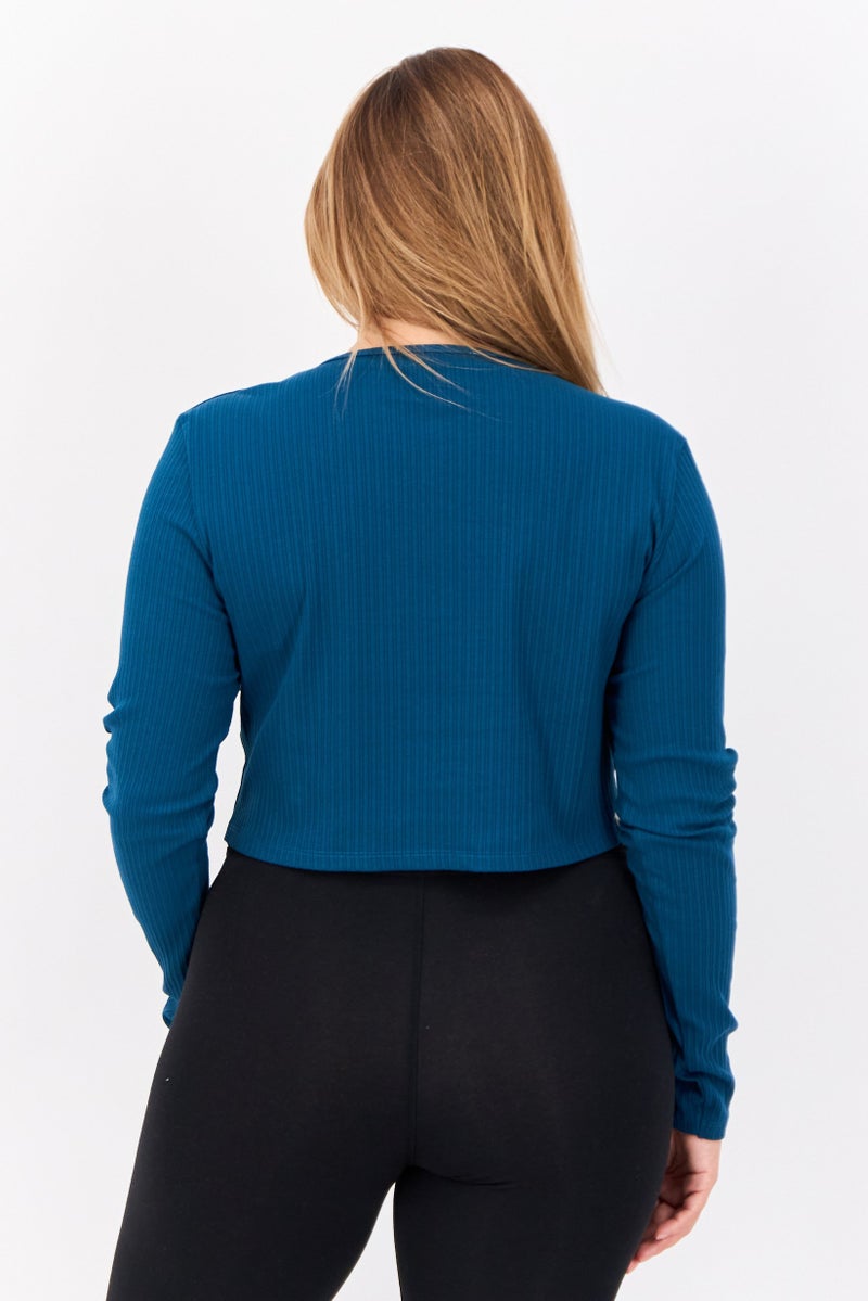 The Giving Movement Women Round Neck Textured Cardigan, Teal Blue - Image 3