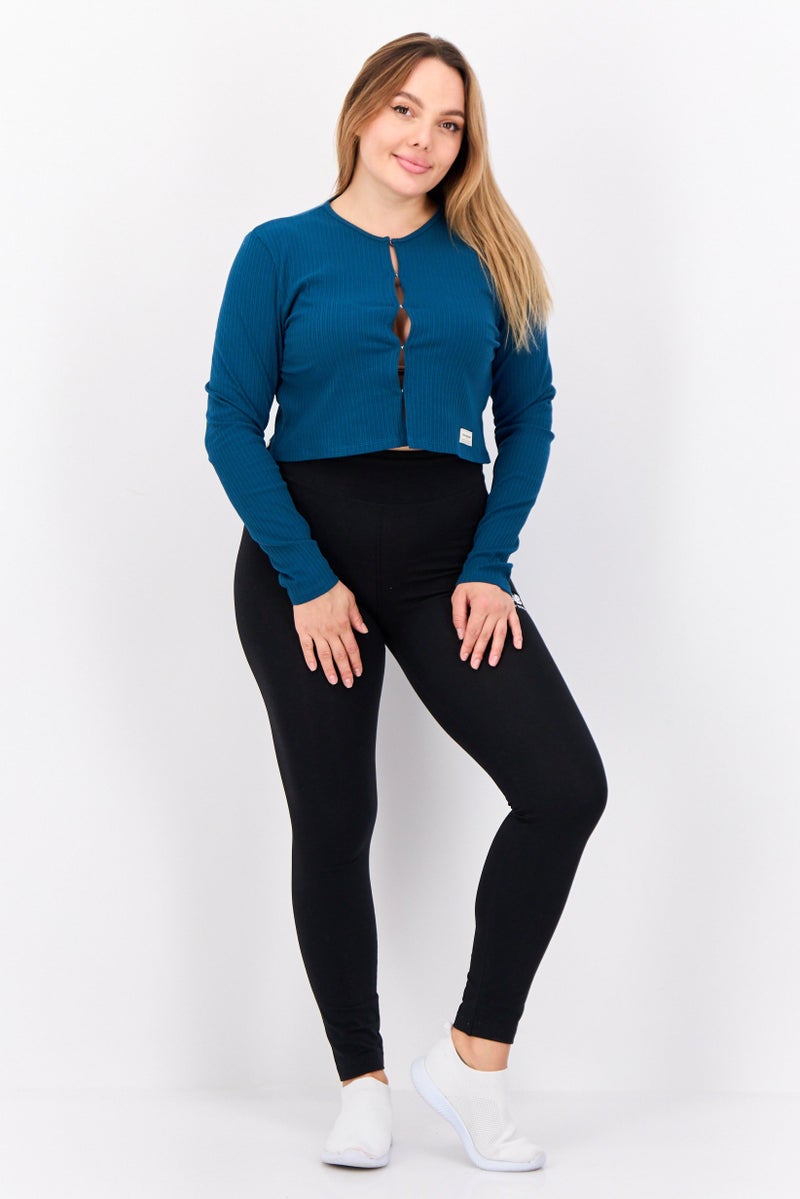 The Giving Movement Women Round Neck Textured Cardigan, Teal Blue - Image 2