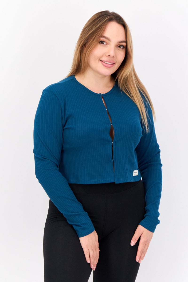 The Giving Movement Women Round Neck Textured Cardigan, Teal Blue - Image 1