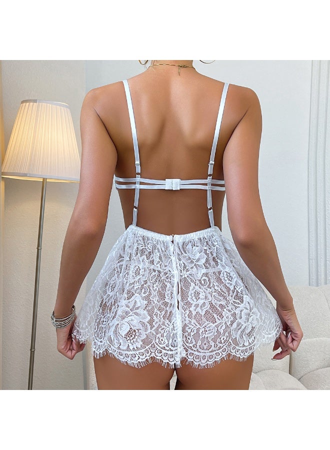 Floral Lace Lingerie Set - Caged Strap Bra + Sheer Lace Skirt - Image 4