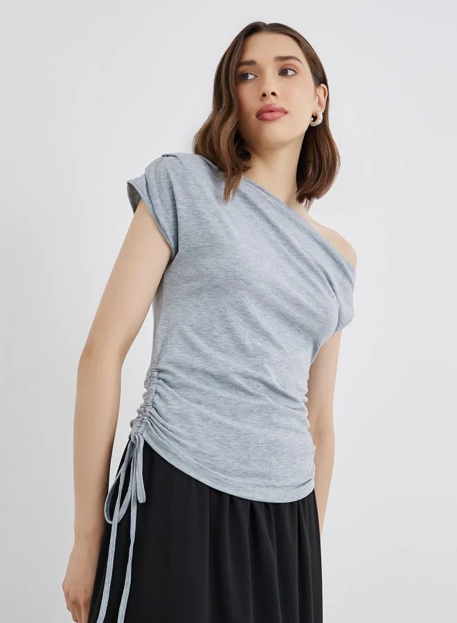 Take Two Asymmetric Neck Side Ruched Detail Top