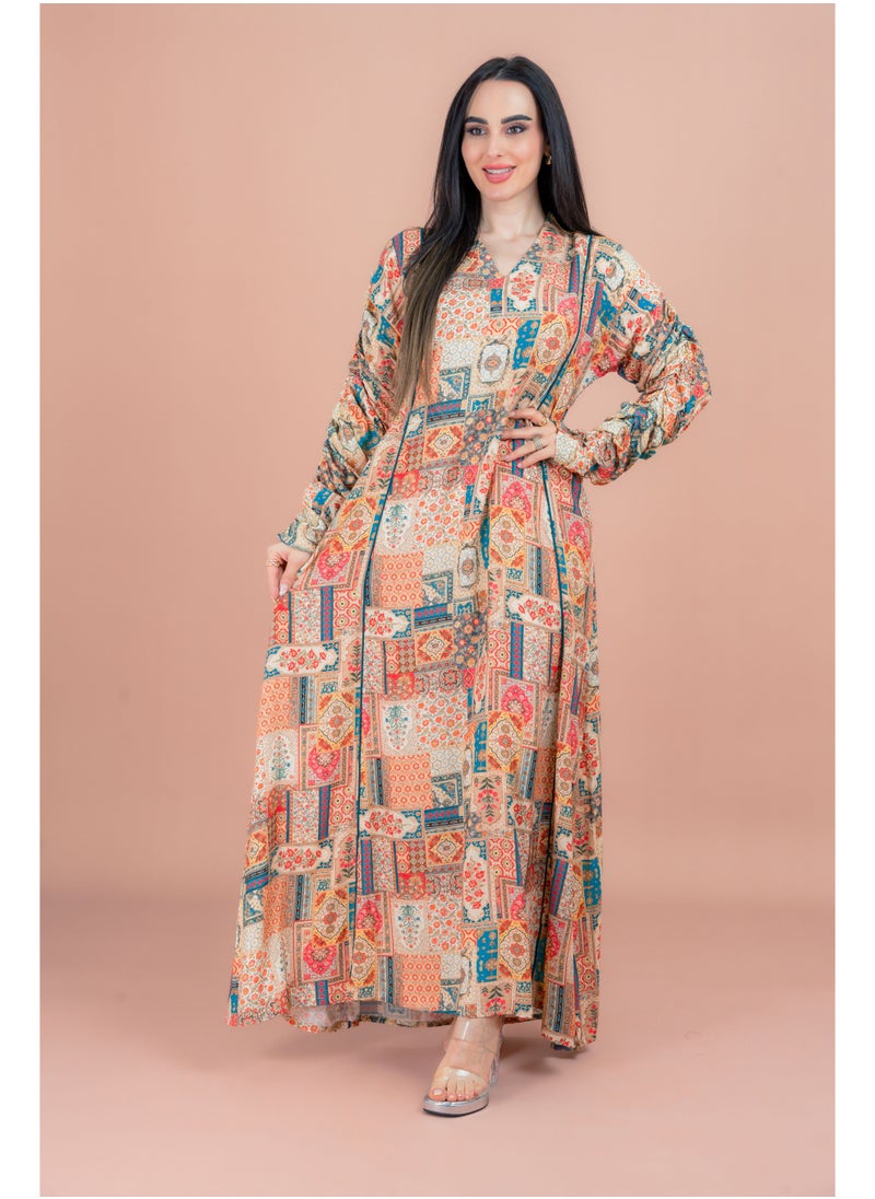 IKKXA Pattern Printed Modern Jalabiya IK079 Beige  - Image 1